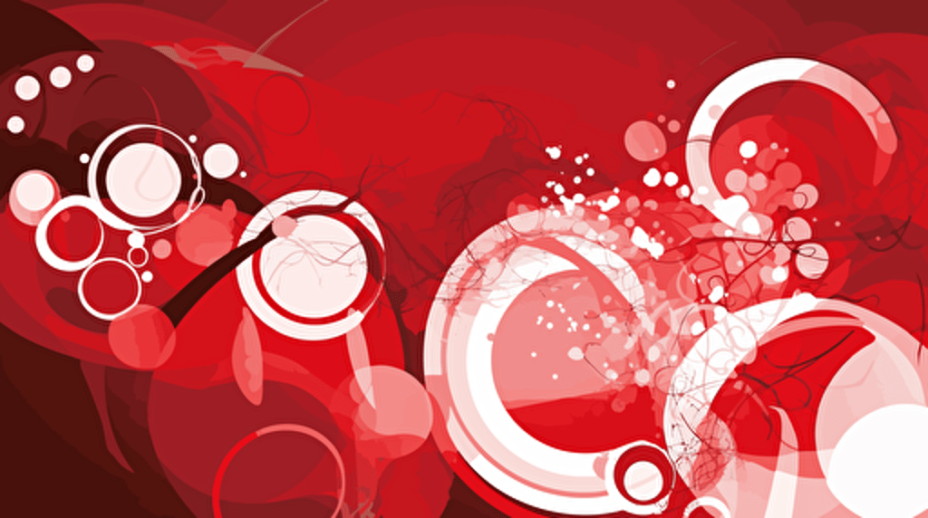 A vibrant red and white abstract background with overlapping circles and swirls representing the interconnectedness of emotions, digital artwork, using Adobe Illustrator with a focus on vector shapes and gradients,
