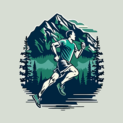 vector logo style pepole running in front of mountain pines blue and green