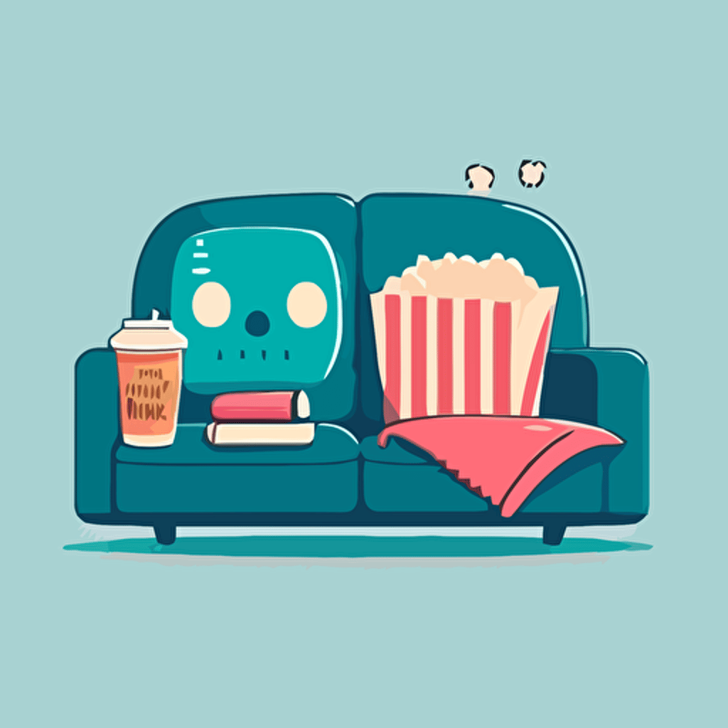 cute flat vector illustrations of face mask, book, couch and movie.