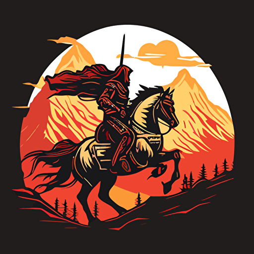 simple vector art of Bulgarian warrior on a horse, sun and mountains behind him