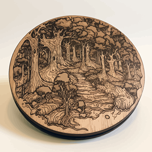 a wood burned wooden coaster representing the fangorn forest from lord of the rings, trees surrounding perimeter, thick trees on the sides, flat, cartoon style, circle, vector, single color, dense foilage, old trees, visible horizon, with a border