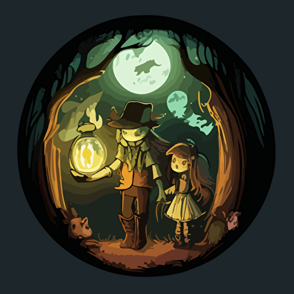 hand-drawn cartoon vector image in the style of "My little ponies", fantasy setting picture of 10 year old boy with a 10 year old girl in the woods at night and the girl is holding her hand out with glowing orb floating above her hand and their clothes should be like something from Lord of the Rings