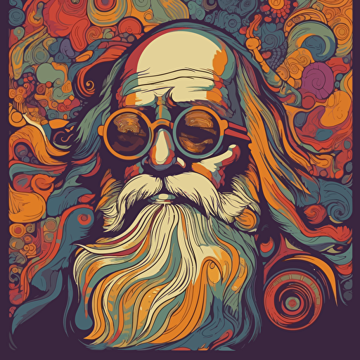 apocolyptic, old man, beard, vector style, psychadelic, 1970's era, vector style