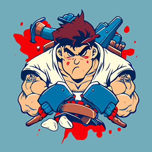 RYU from street fighter Nintendo game holding a jaws of life tool, intense look on face, vector art, cartoon, clean, American traditional style,