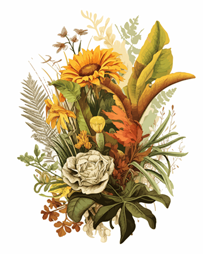 detailed botanical illustration showcasing a variety of plant species in earthy tones. The composition should include plants such as ferns, sunflowers, and ivy, with intricate details that highlight the beauty of each species. Emphasize the use of natural, earthy colors to create a harmonious and organic visual experience. White background, vector