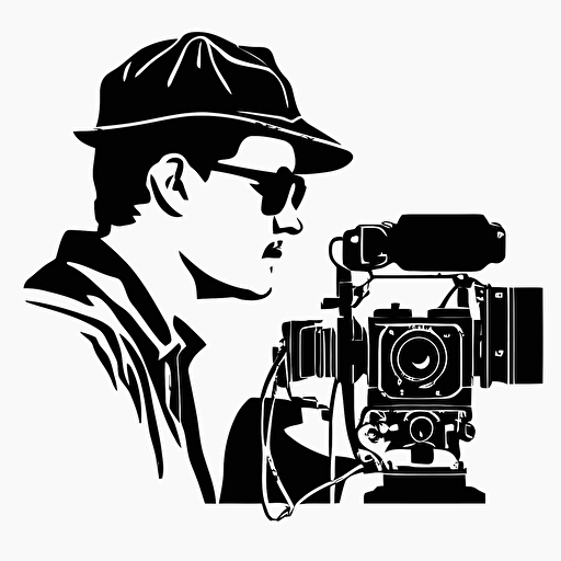 silhouetted outline of male filmmaker, line drawing, simple, white background, vector style