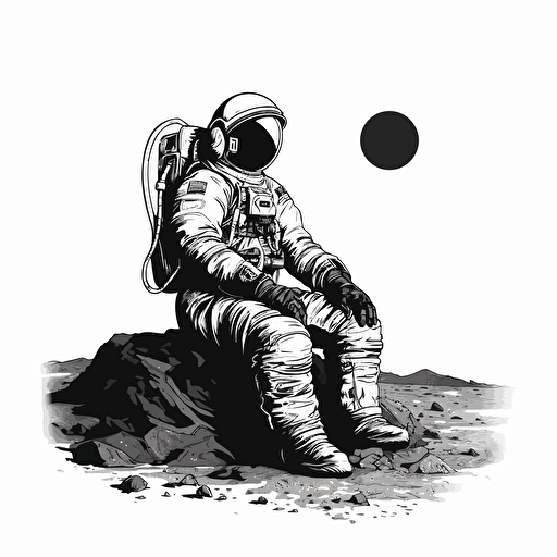 vector image of an astronaut sitting on the moon, black, white background, minimalist, vector, illustrator, simple, clean, small