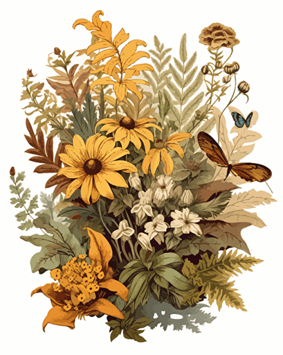 detailed botanical illustration showcasing a variety of plant species in earthy tones. The composition should include plants such as ferns, sunflowers, and ivy, with intricate details that highlight the beauty of each species. Emphasize the use of natural, earthy colors to create a harmonious and organic visual experience. White background, vector