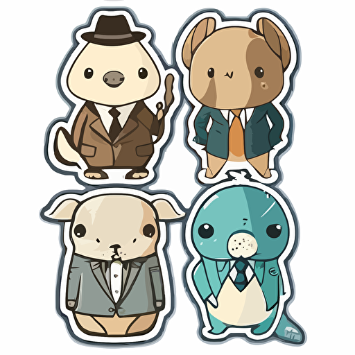 sticker, 4 different animals in Suits, kawaii, contour, vector, white