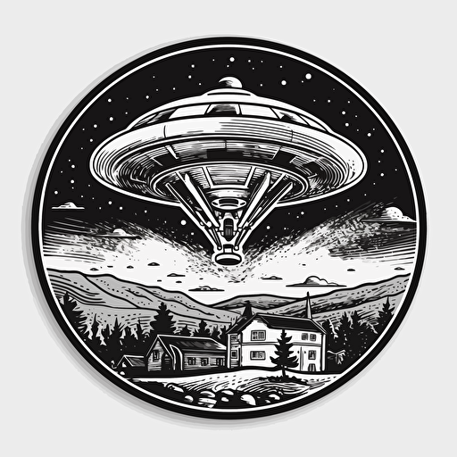 ufo, black and white, no color, heavy shadows, sticker, vector