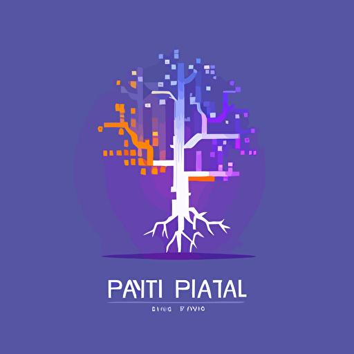 simple minimal logo of robot tree, pixel art, matrix code, flat vector logo, blue purple orange gradient, simple minimal, style of Paul Rand