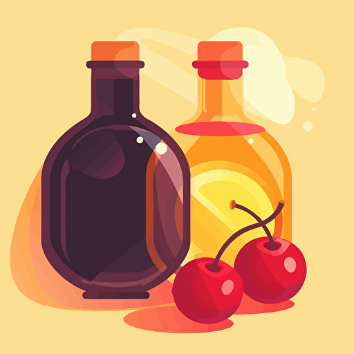 A single spheric glass bottle: inside a piece of bee's wax and and a pair of cherries. Flat vector illustration in the style of Kurzgesagt.