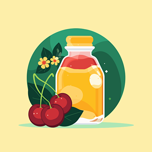 A single spheric glass bottle: inside a piece of bee's wax and and a pair of cherries. Flat vector illustration in the style of Kurzgesagt.