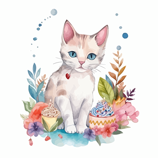 happy birthday cat, detailed, cartoon style, 2d watercolor clipart vector, creative and imaginative, floral, hd, white background