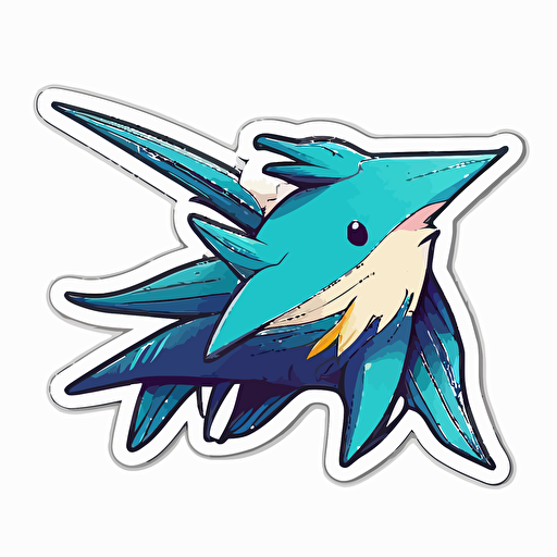 die-cut sticker, cute kawaii pterodactyl with long blue hair flying slanted sticker, white background, illustration minimalism, vector, oceanic tones.
