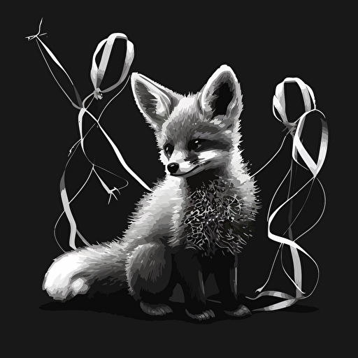 A vectorized image of a baby fox with streamers in black and white.
