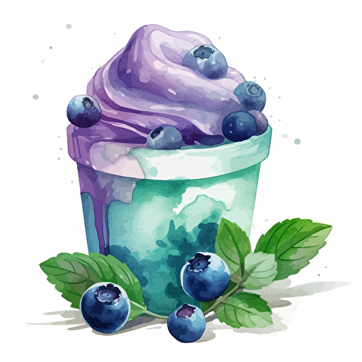 : An illustration of a blueberry and yogurt mousse with blueberry puree and mint leaves on top, in watercolor style, as a die-cut sticker design, vector format, on a white background. The mousse is in a clear square mica plastic cup, the mint leaves are on top, and the blueberry puree is drizzled over the top of the mousse. The watercolor style is loose and flowing, with a focus on blending and texture, and the colors are vibrant and fresh.