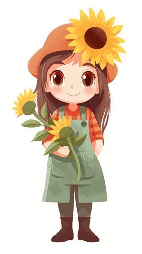 an adorable cute little girl in labor's working suit, Holding a big sunflower in her hand, flat vector illustration,