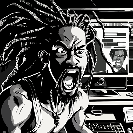 Closeup, looking at camera, 2D style, vector illustration, detailed black and white story board, of very attractive black male with long dreadlocks, goatee, mustache, screaming at his computer