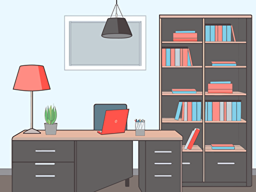 In an office with light gray carpet, white walls and blue curtains, a black lamp sits on top of a light wood-coloured desk, alongside a collection of red books on a wall cabinet,vector ,2d illustrator,