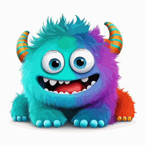 A saturated colorfull baby fur french monster, goofy looking, smiling, white background, vector art , pixar style