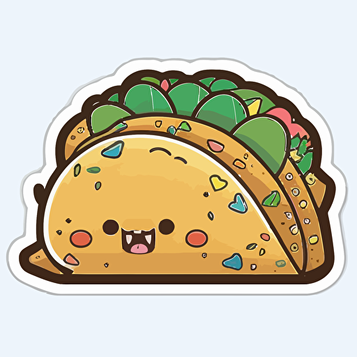 :kawaii taco, Sticker, Playful, Secondary Color, Street Art, Contour, Vector, White Background, Detailed