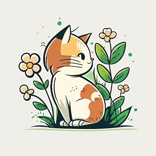 cat, spring, vector logo, vector art, simple, cartoon, 2d, white bg, outline