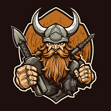 vector logo muscular viking holding battle axe in one hand and viking helmet in other hand