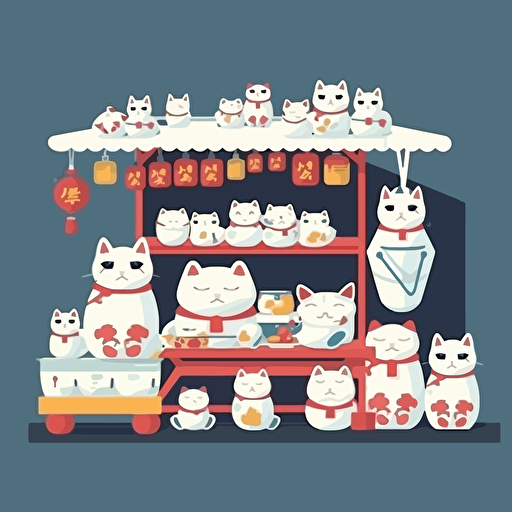 japanese market cart stall, white lucky cat ornaments neatly on shelf, vector, simple, flat style