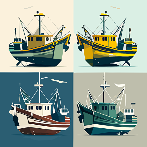 design fishing ship variations from front, icon, Vector, minimalist, detailed