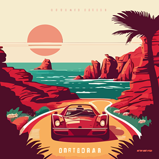 ferrari rally poster depicting speed and adventure. Vector. Red ferrari convertible rear view on sardinia coastal road. Castelsardo in the background.