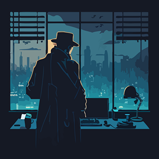 Influenced by the classic detective stories, create a vector illustration of Satoshi Nakamoto as a mysterious detective, solving a case related to a cryptocurrency heist. Set the scene in a dimly lit office with a cityscape in the background.