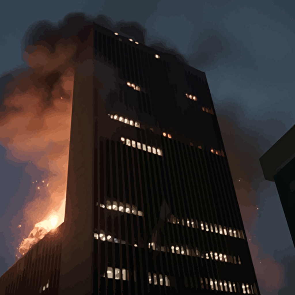 die hard nakatomi plaza, explosion at the top, vector, night scene