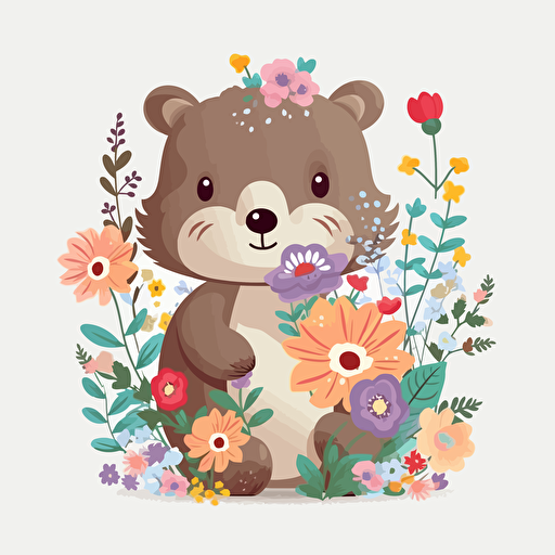 animal with flowers, detailed, cartoon style, 2d clipart vector, creative and imaginative, hd, white background