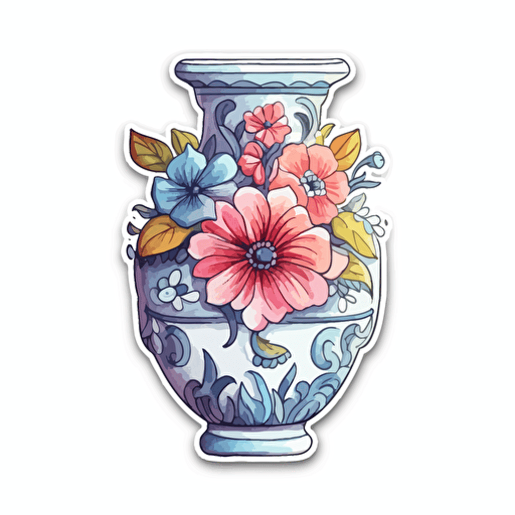 watercolor vector illustration boho porcelain vase sticker white background