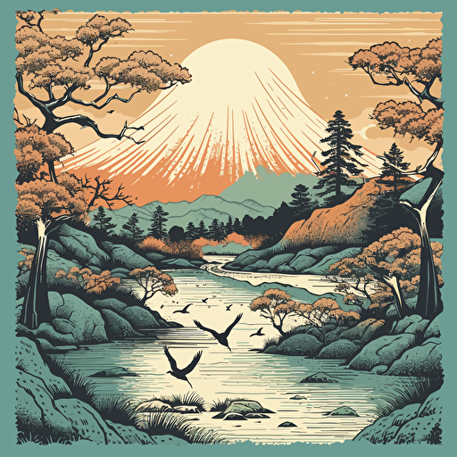 ukiyo-e print of a beautiful nature scene, vector art, poster art