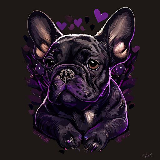 a head of a dark french bulldog puppy surrounded by purple hearts , super detailed, vector