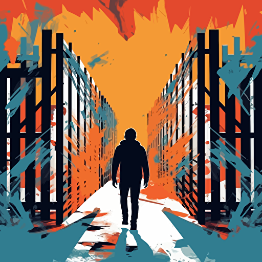 a vector image of a man leaving prison, walking into his community, opened prison gates, graffiti style