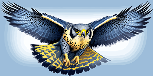 flying falcon, front view, looking into camera, moving towards, wingspan, blue and yellow colors, hand draw vector style