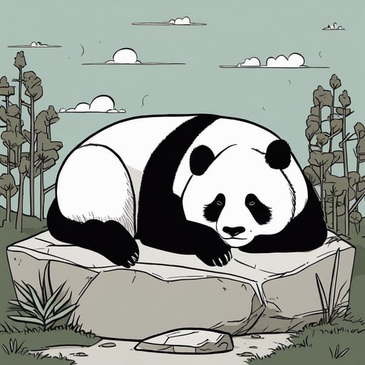 a panda sleeping on a rock
