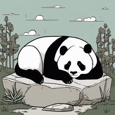 a panda sleeping on a rock