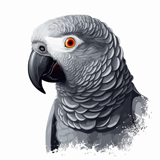 African Grey Parrot bird looking straight in the camera, white bg, vector