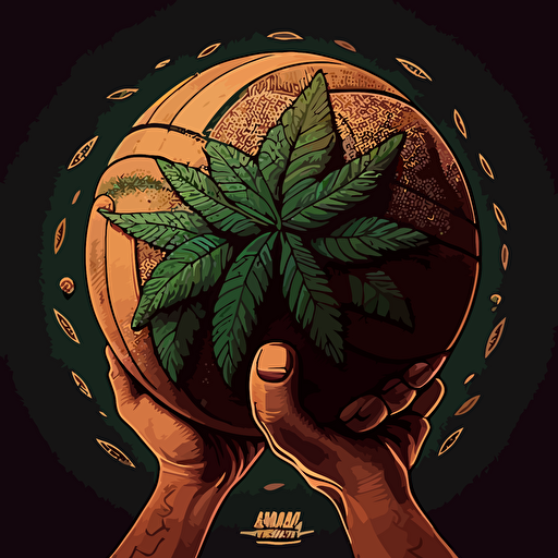 make an marihuana illustration with hands and legs holding a basketball ball vector style