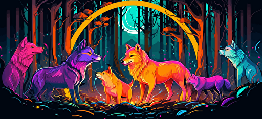 wolves in a forest, surrounded by a circle of forest motifs, 2d vector, neon colors, epic composition