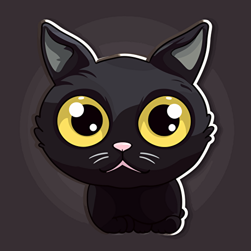 a cute black cat, sticker, white liner, vector, big eyes