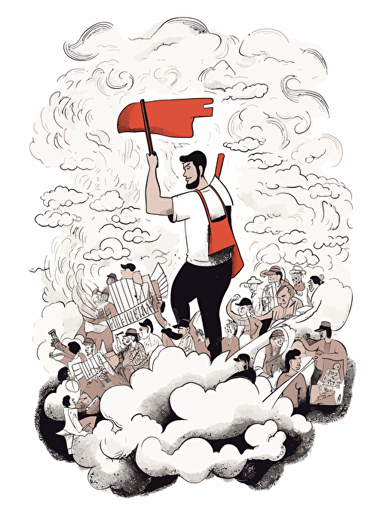 Ben Shahn, American comic art book inner paper style. There are an Asian young climate activist, a delivery rider, a female human rights activist, and a worker, and they imagine a "hammer" together on a big stage, hammer illust in a thought cloud, non-letter illustration. white background, vector