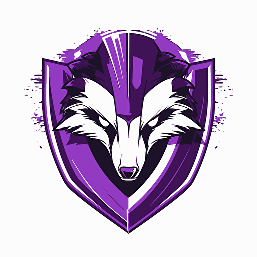 Badger head, shield, cyber, vector art, hacker, hacking, white background, purple tones, no image noise, hyper detailed, maximum detail