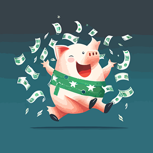 a vector image of a cute Aussie piggy bank dancing and laughing with money floating around him
