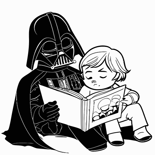 Darth vader reading a bedtime story to child luke skywalker, Clipart, cute, Primary Color, comic style, Contour, Vector, White Background, Detailed