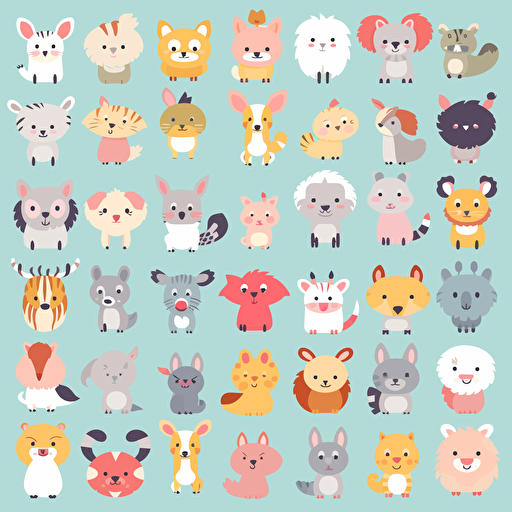 100 cute, smiling vector illustration animals, pastel color